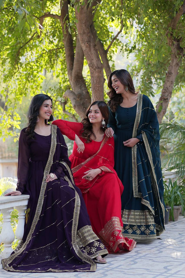 Multi-Sequins Embroidered work With  Faux Blooming Gown