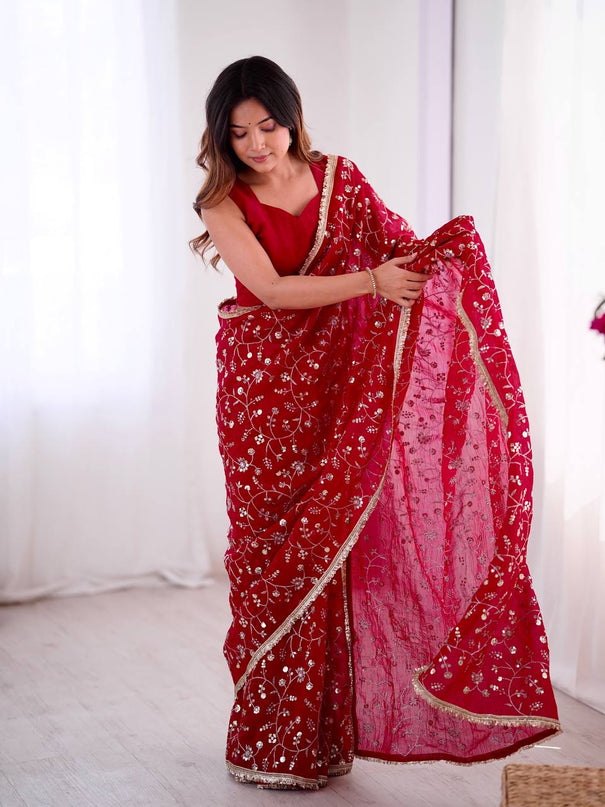 Crunchy Silk Embroidery Work With Lace Border Saree