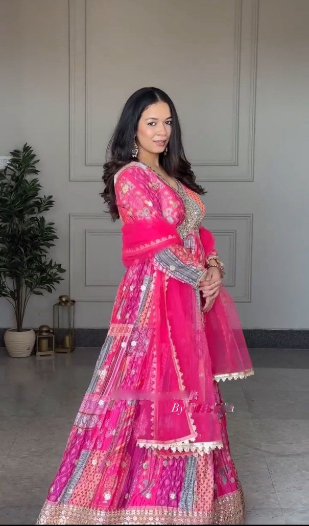 Pink Color Chinon Silk With Digital Print Work Gown