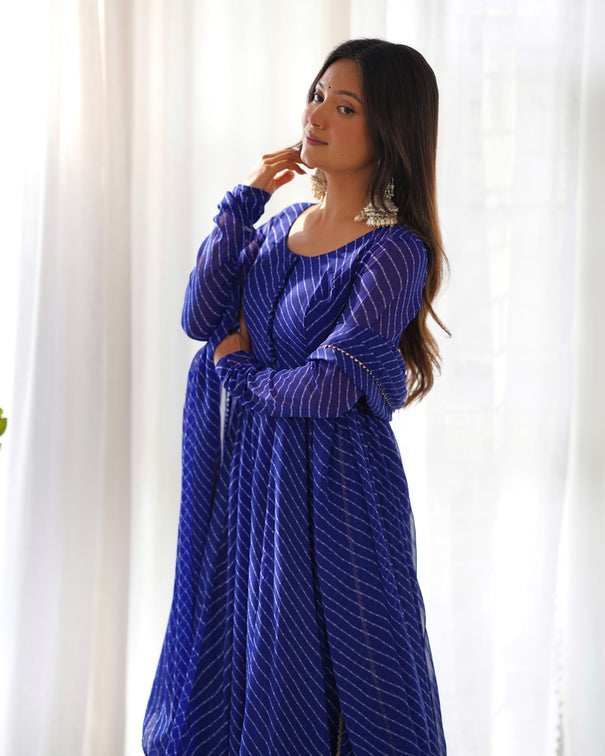 Heavy Pure Faux Georgette Leheriya Print With Potli Button Gown