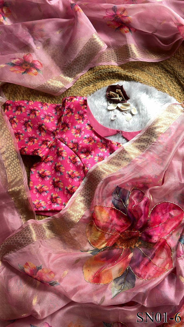 Soft Organza Digital Print With Kadana HandWork In Border Saree