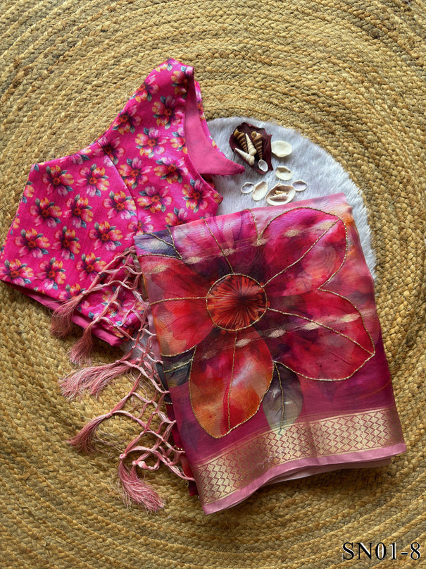 Soft Organza Digital Print With Kadana HandWork In Border Saree