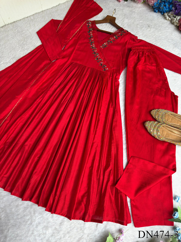 Red Color Cotton Chanderi Hand Work Gown