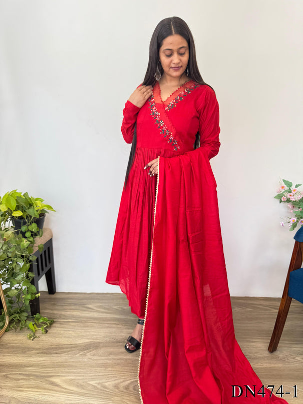 Red Color Cotton Chanderi Hand Work Gown