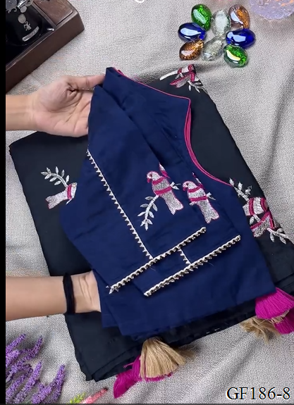 Thred Work Khadi Cotton Collar Blouse Saree