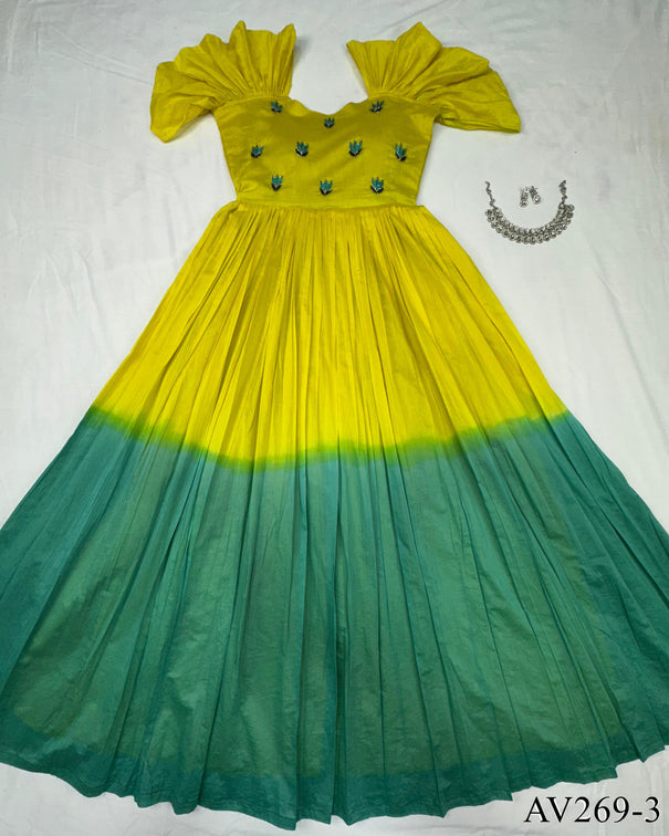 Yellow color Pure Cotton Hand Work Gown