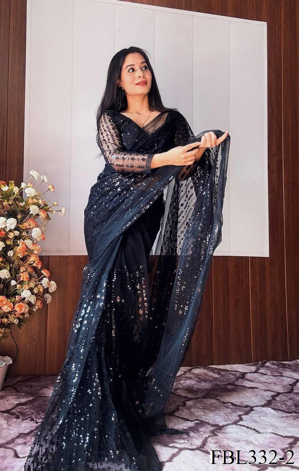 Black Color Net Fabric Heavy Sequence Work Saree