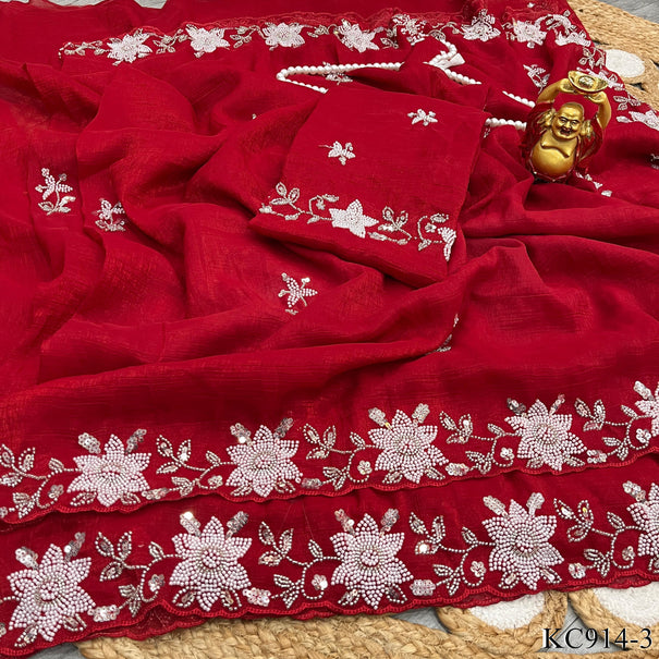 Red Color Premium Crunchy Crush With Sequins Work Saree