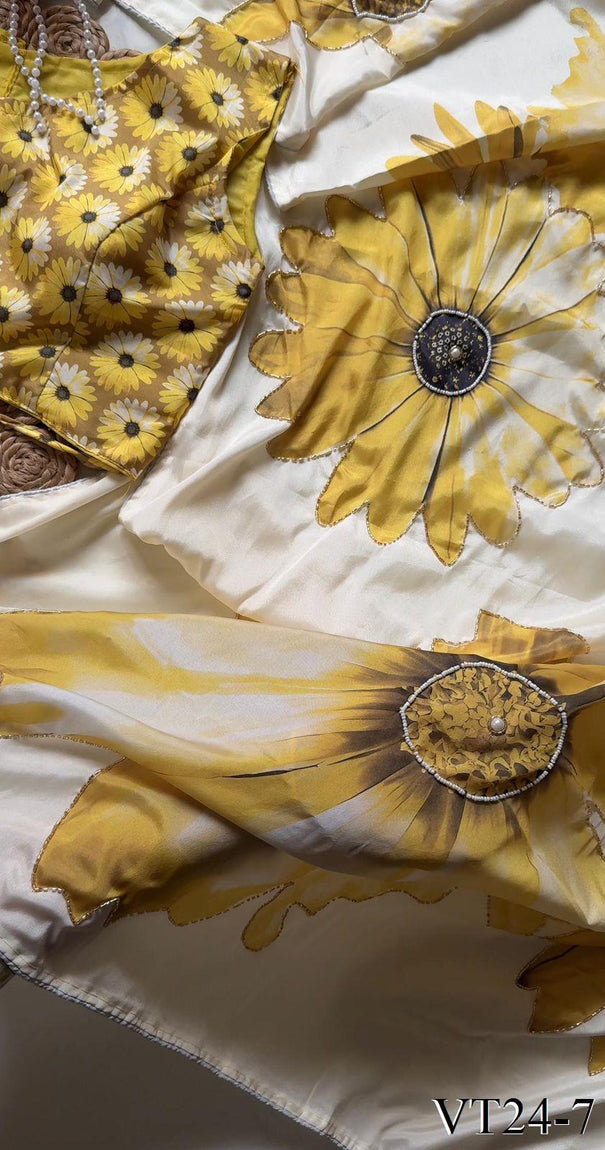 Yellow Color Crepe Satin Silk With Digital Print Work Saree