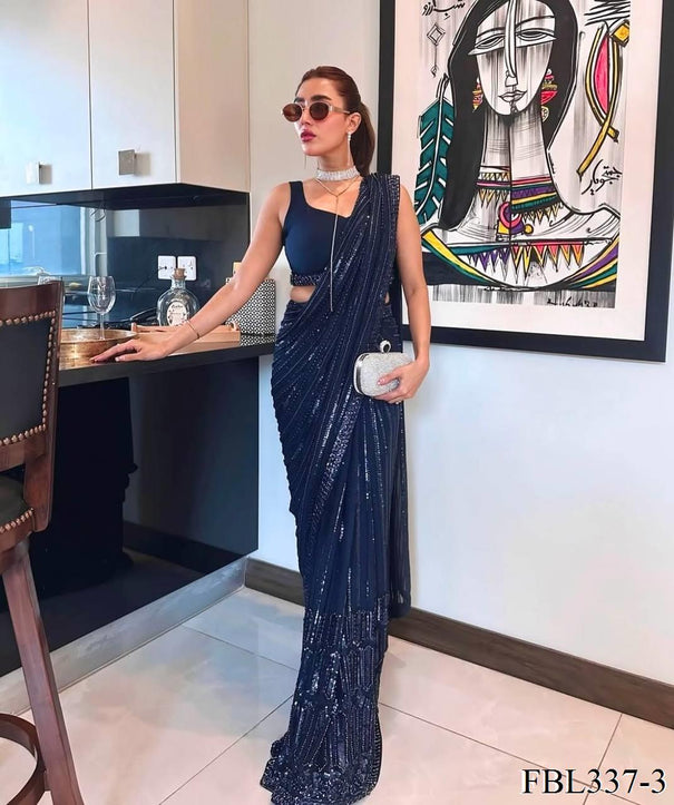 Blue Color Georgette Sequins Work With Thread Work Saree