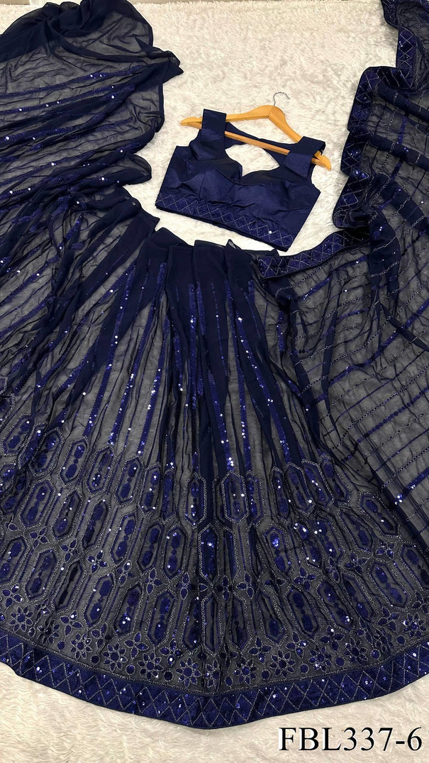 Blue Color Georgette Sequins Work With Thread Work Saree