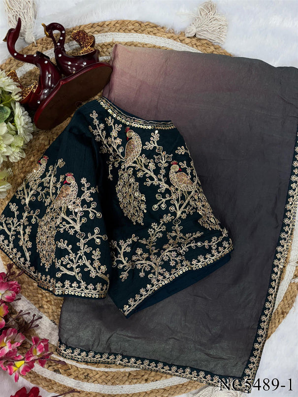 Black Color Soft Space Silk Sequience Coding Work Saree