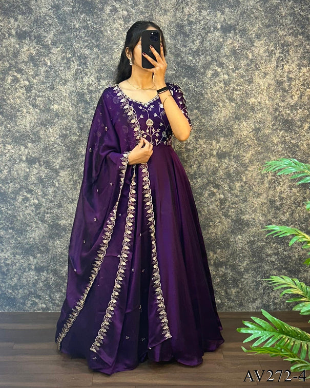 Silk Flair Gown with Embroidery & Dupatta