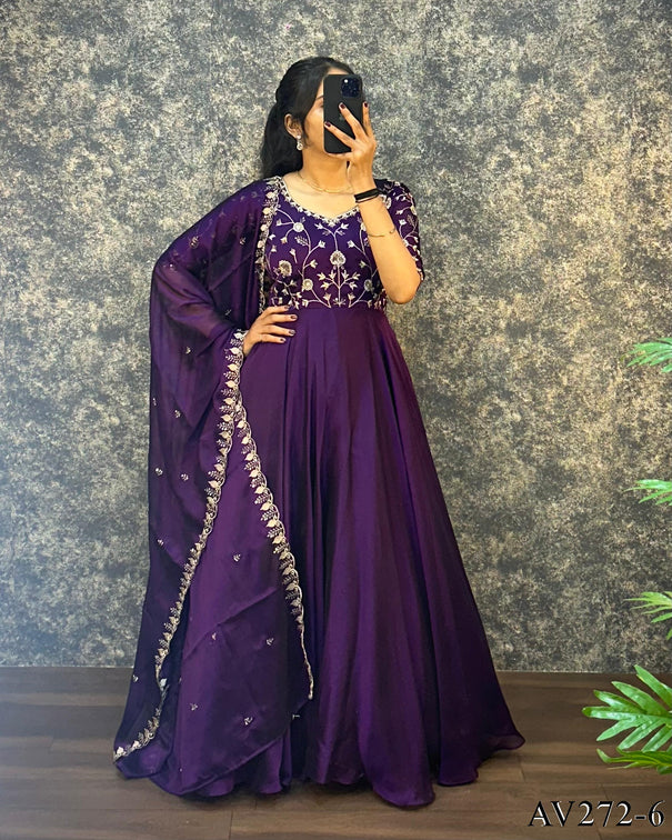 Silk Flair Gown with Embroidery & Dupatta