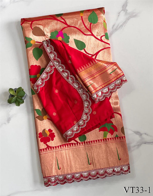 Red Color Banarasi Pattu Paithani Pallu Saree