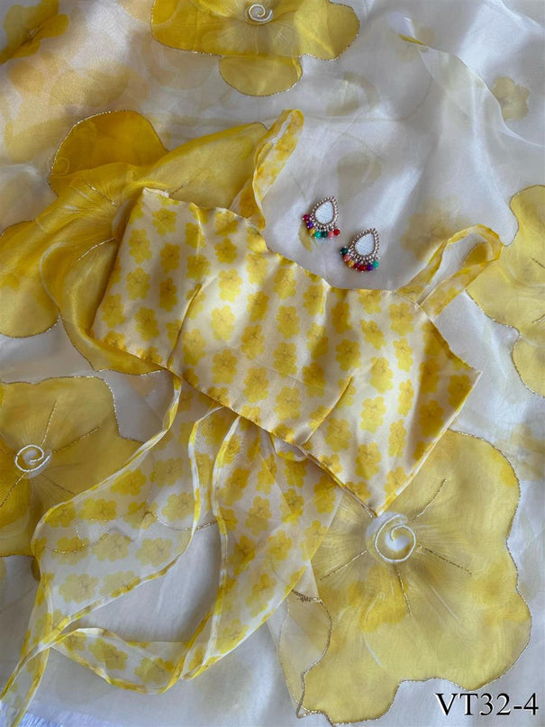Yellow Color Soft Organza With Digital Print Work Saree