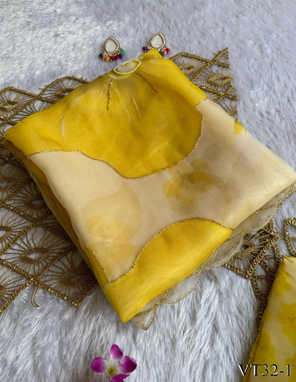 Yellow Color Soft Organza With Digital Print Work Saree
