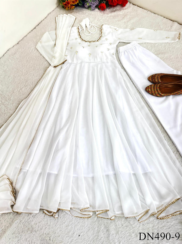 Faux Georgette Hand Mirror Embroidery Work Gown