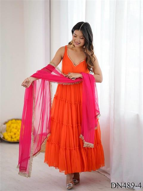 Orange Color Georgette Chiffon Sequins Work Gown
