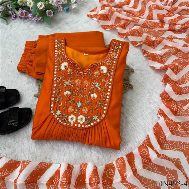 Orange Color Viscos Chanderi Silk Hand Work Gown