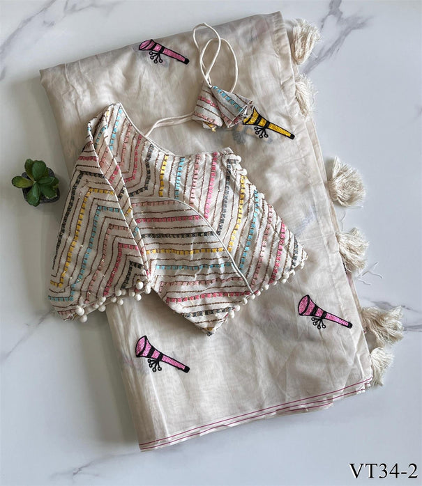 Pure Chanderi Cotton Fabric With Butterfly Work Saree