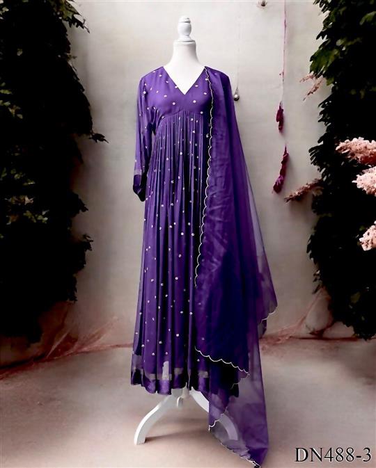 Purple Color Chanderi Silk With Sequience Work Gown