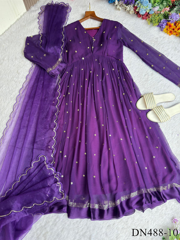 Purple Color Chanderi Silk With Sequience Work Gown