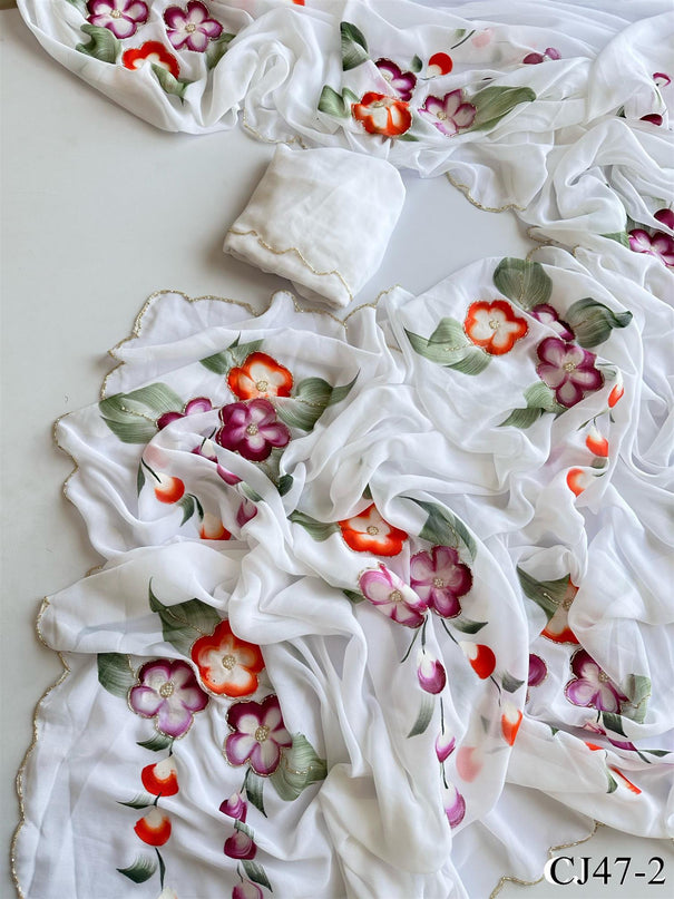 Beautifull Faux Georgette Hand Print Work Saree