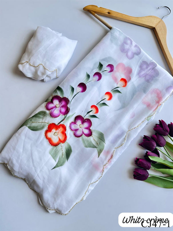 Beautifull Faux Georgette Hand Print Work Saree