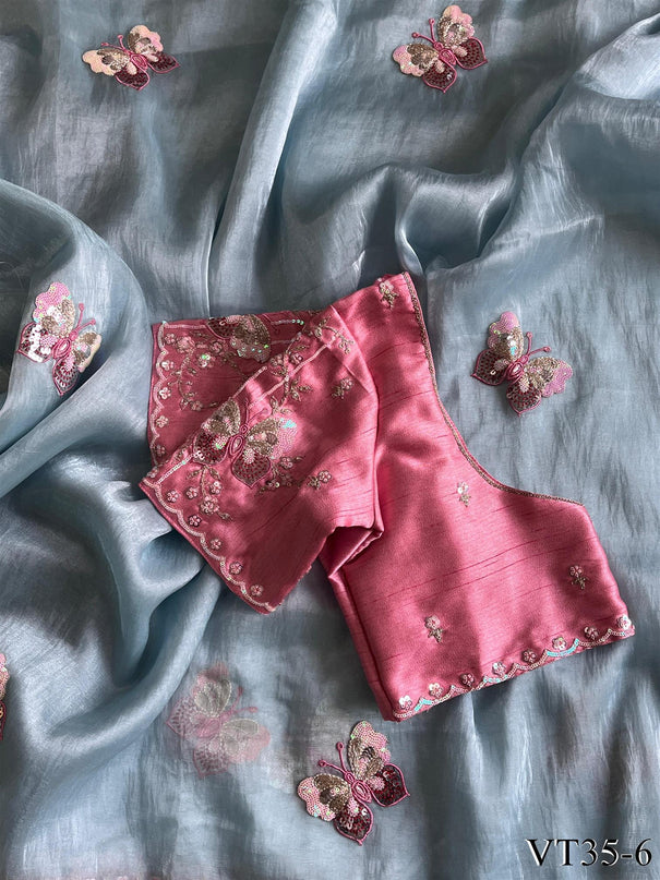 Sky Blue Color Premium Organza Butterfly Work Saree