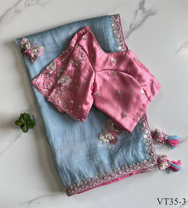 Sky Blue Color Premium Organza Butterfly Work Saree