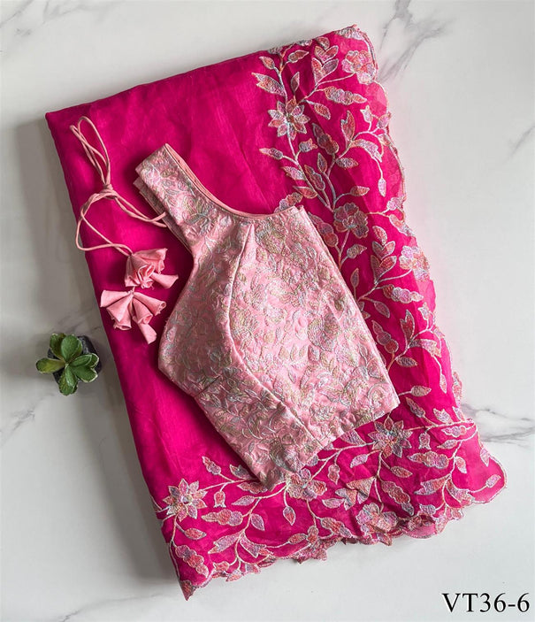 Rani Pink Color Premium Chanderi With Embroidery Work Saree