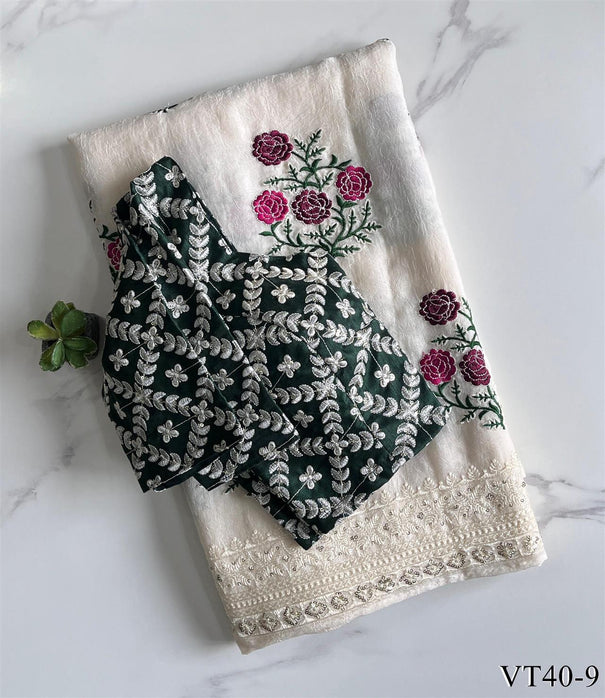 White Color Premium Georgette Chiikankari Work Saree