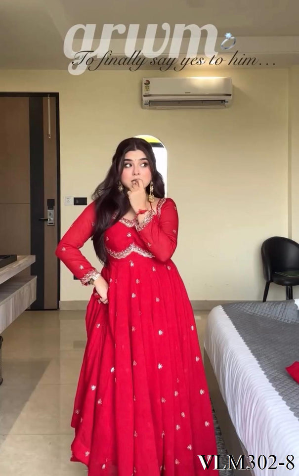 Red Color Foux Georgette Embroidery Work Gown