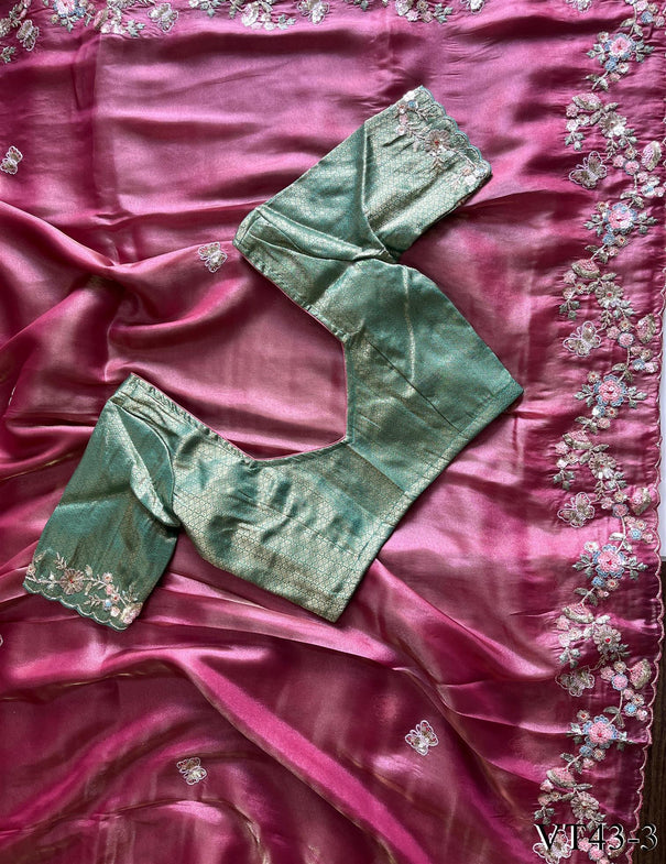 Pink Color Premium Tissue Silk With Butterfly Work Saree