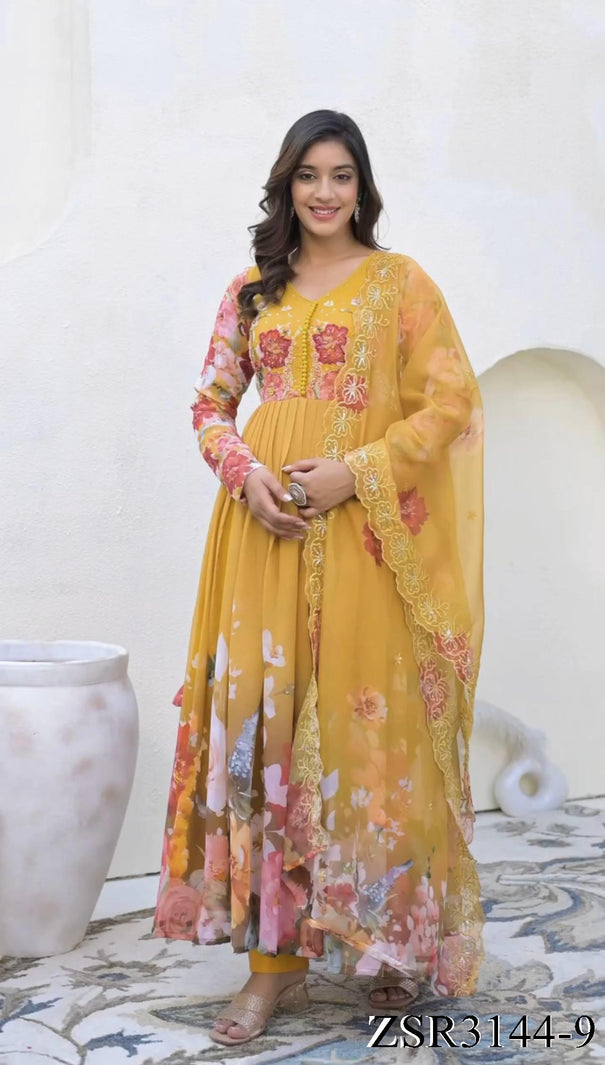Yellow Color Fix Georgette Embroidery Work Gown