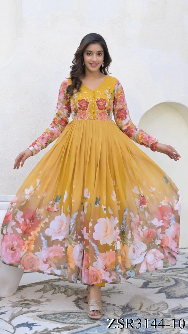 Yellow Color Fix Georgette Embroidery Work Gown