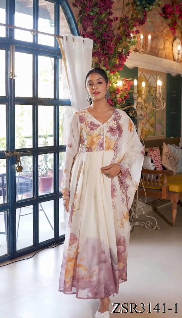 White color Tabby Organza Embroidery Work Gown