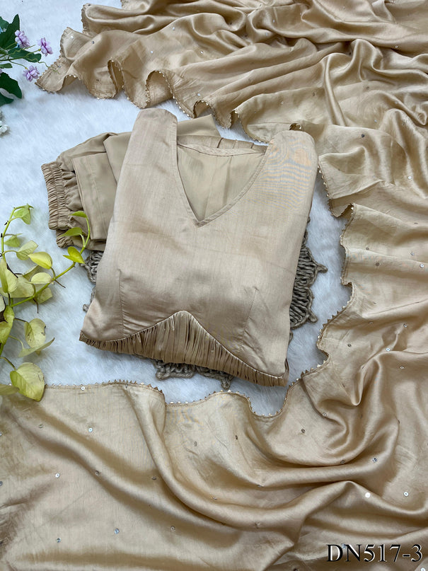 Beige Color Chanderi Cotton With Plain Work Gown