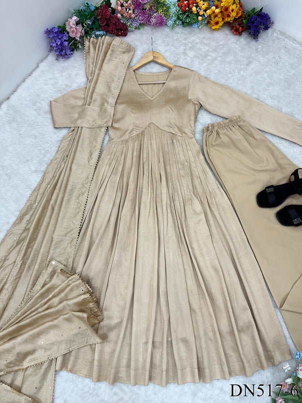 Beige Color Chanderi Cotton With Plain Work Gown