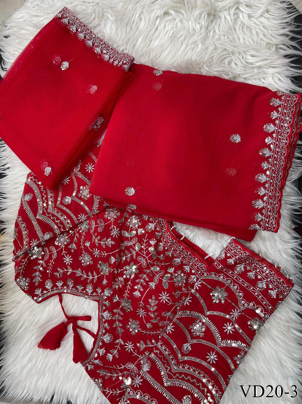 Red Color Fox Georgette Embroidery Sequience Work Saree