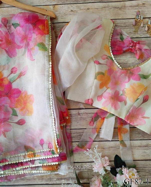 White Color Heavy Organza Silk With Digital Print Work Saree