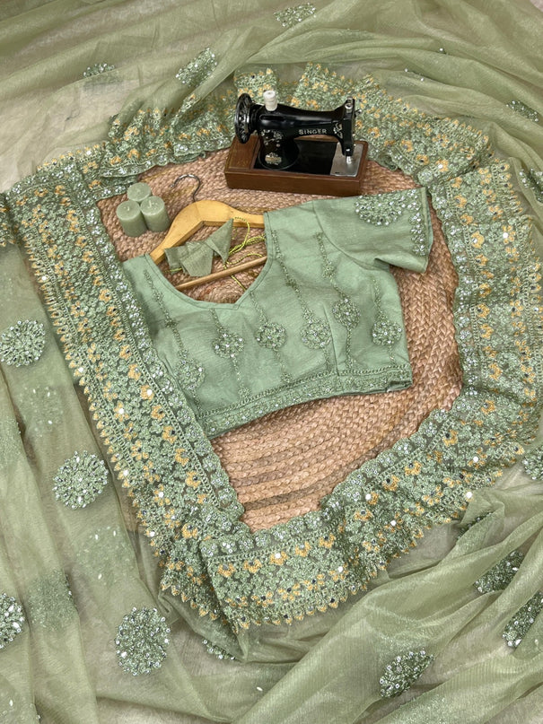 Hand Designer Floral Embroidered Party Wear Silicon Net Saree