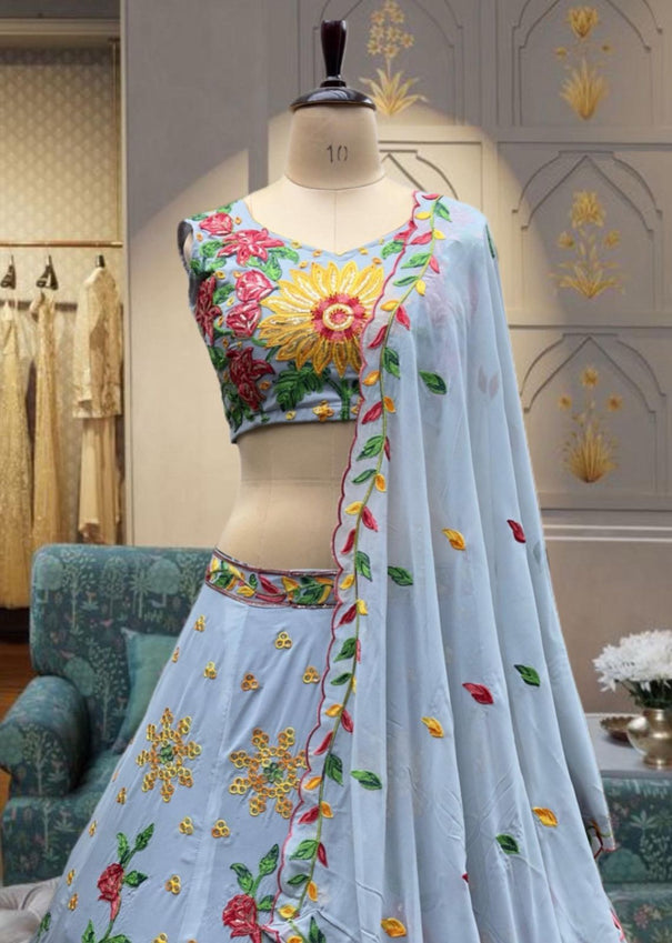 Glorious Embroidery Sequence Work Sky Blue Color Lehenga Choli