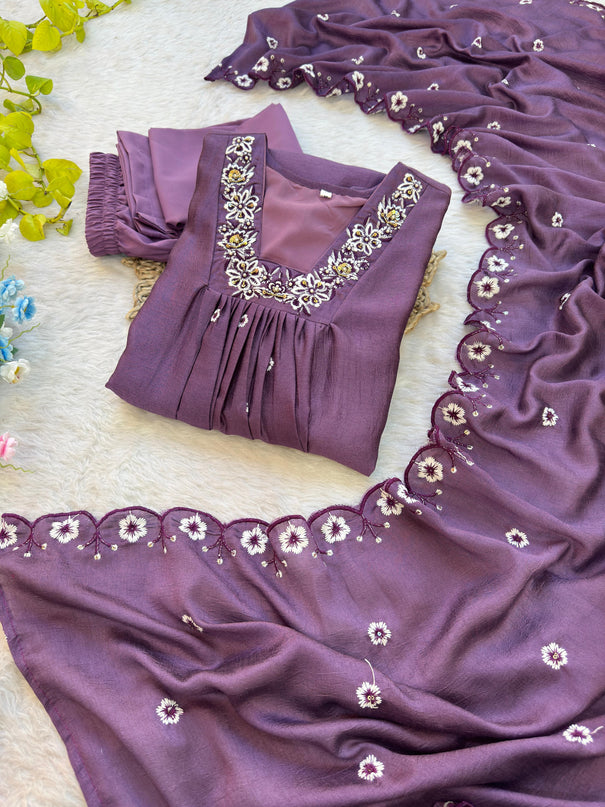 Pure Vichitra Silk Hand work With Heavy Butter Cotton Gown