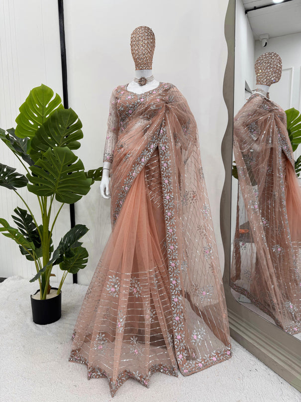 DESIGNER SAREE ON SOFT NET FABRIC WITH THREAD & EMBROIDERED WORK FOR PARTY WEAR