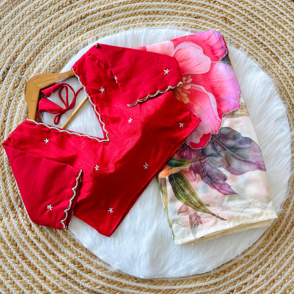 Red Color Print Cover With Hand Work Saree