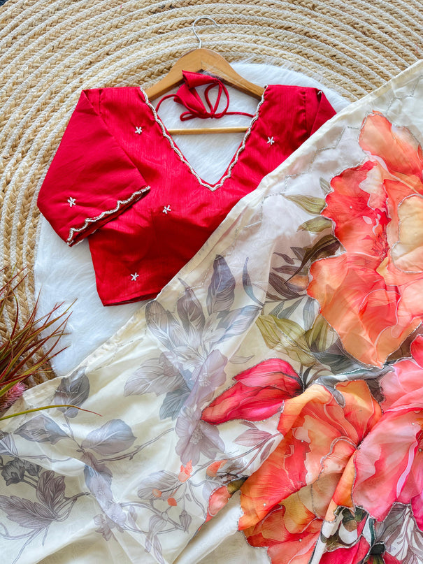 Red Color Print Cover With Hand Work Saree