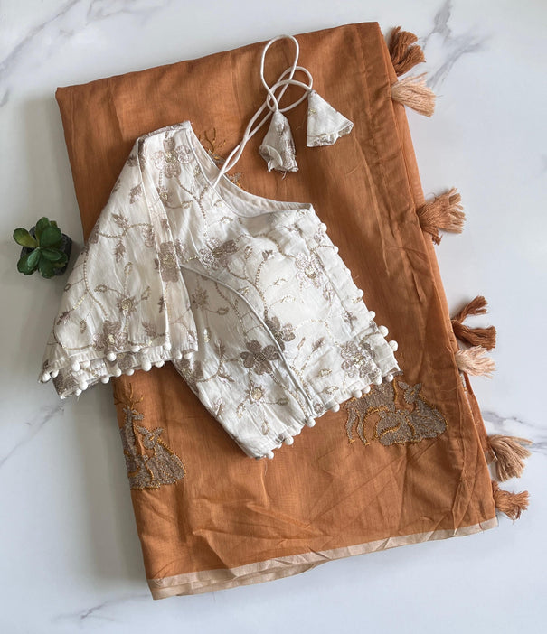 White Color Premium Chanderi Deer Work Saree