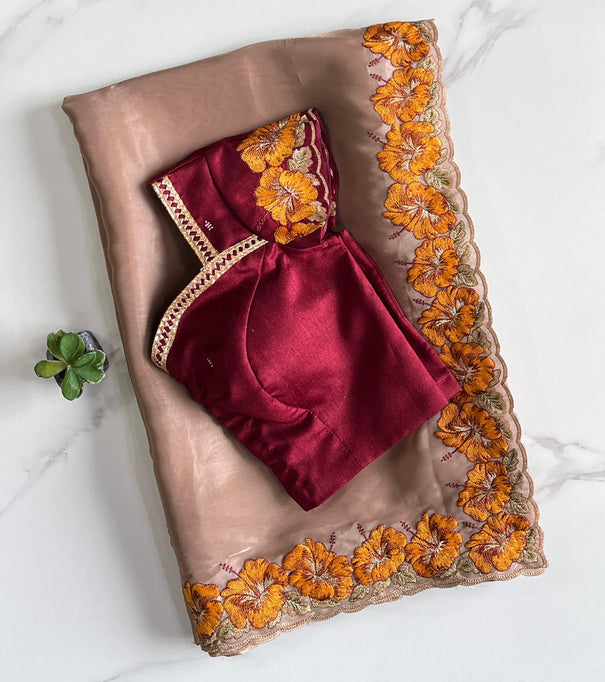 Cream Color Pure Satin Chiffon Katha Flower Work Saree